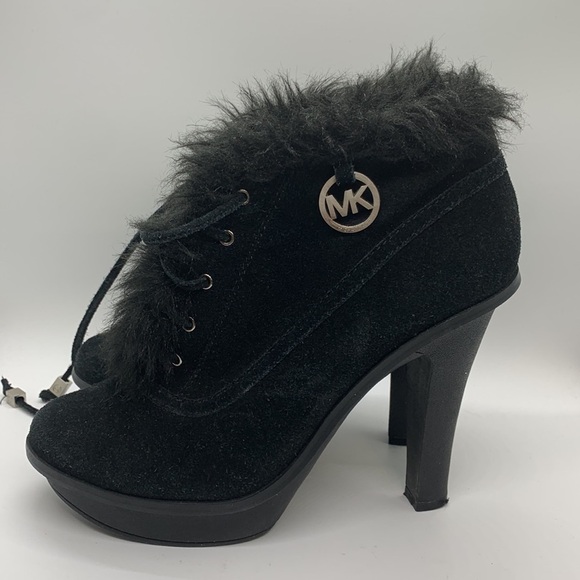 Michael Kors Shoes - Michael Kors Suede Carlie Fur Lace Up Heeled Booties Black Size 7M